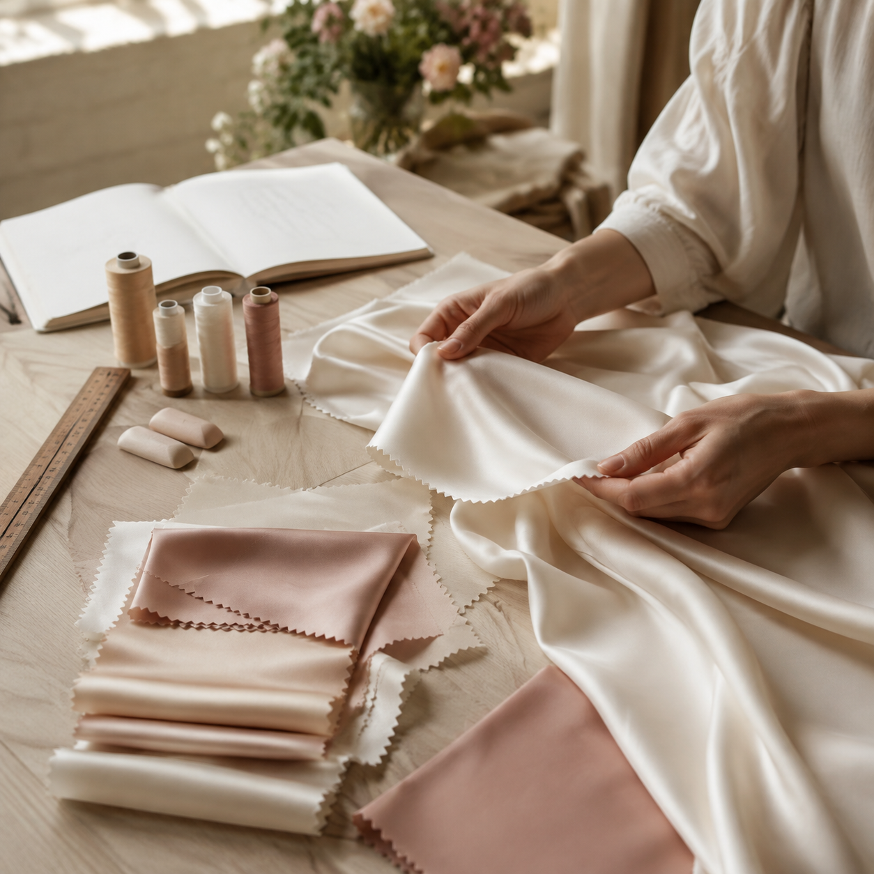 Hands reviewing silk fabric swatches
