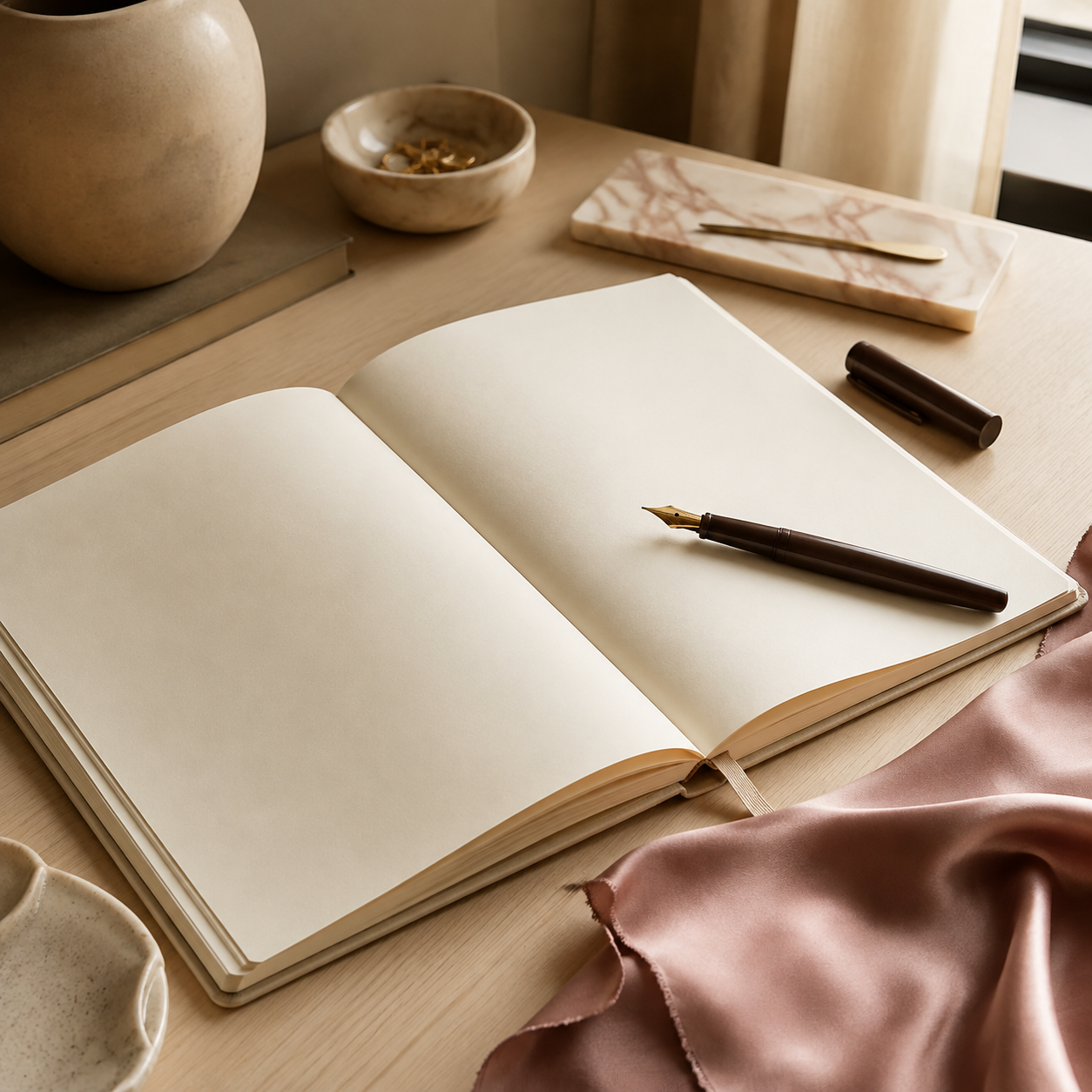 Editorial writing desk with a blank notebook and dusty rose silk material