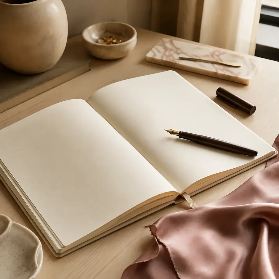 Editorial writing desk with a blank notebook and dusty rose silk material