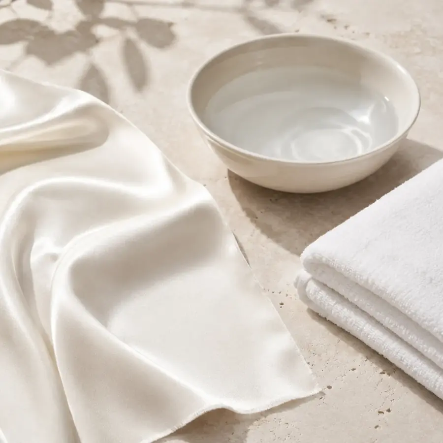 Silk care still life with cool water and a white cotton towel