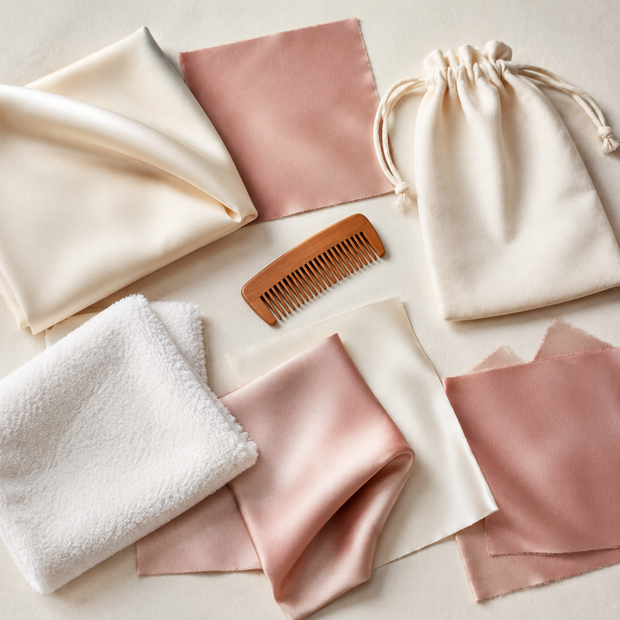 Ivory and dusty rose silk swatches arranged with a towel and storage pouch
