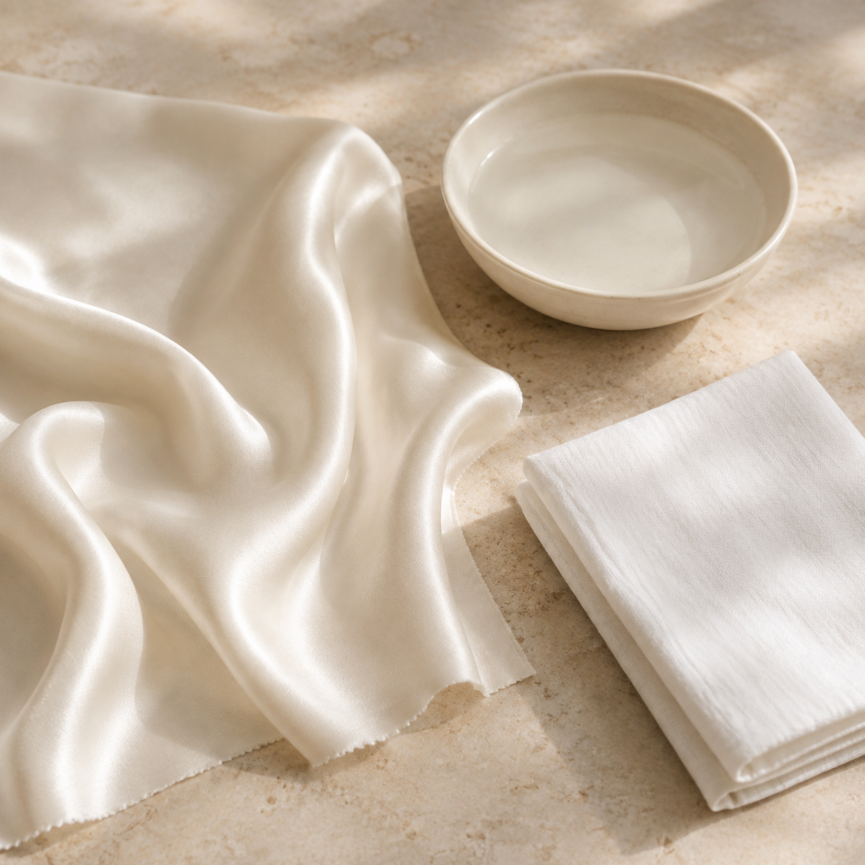Ivory silk swatch beside cool water and a soft cotton cloth