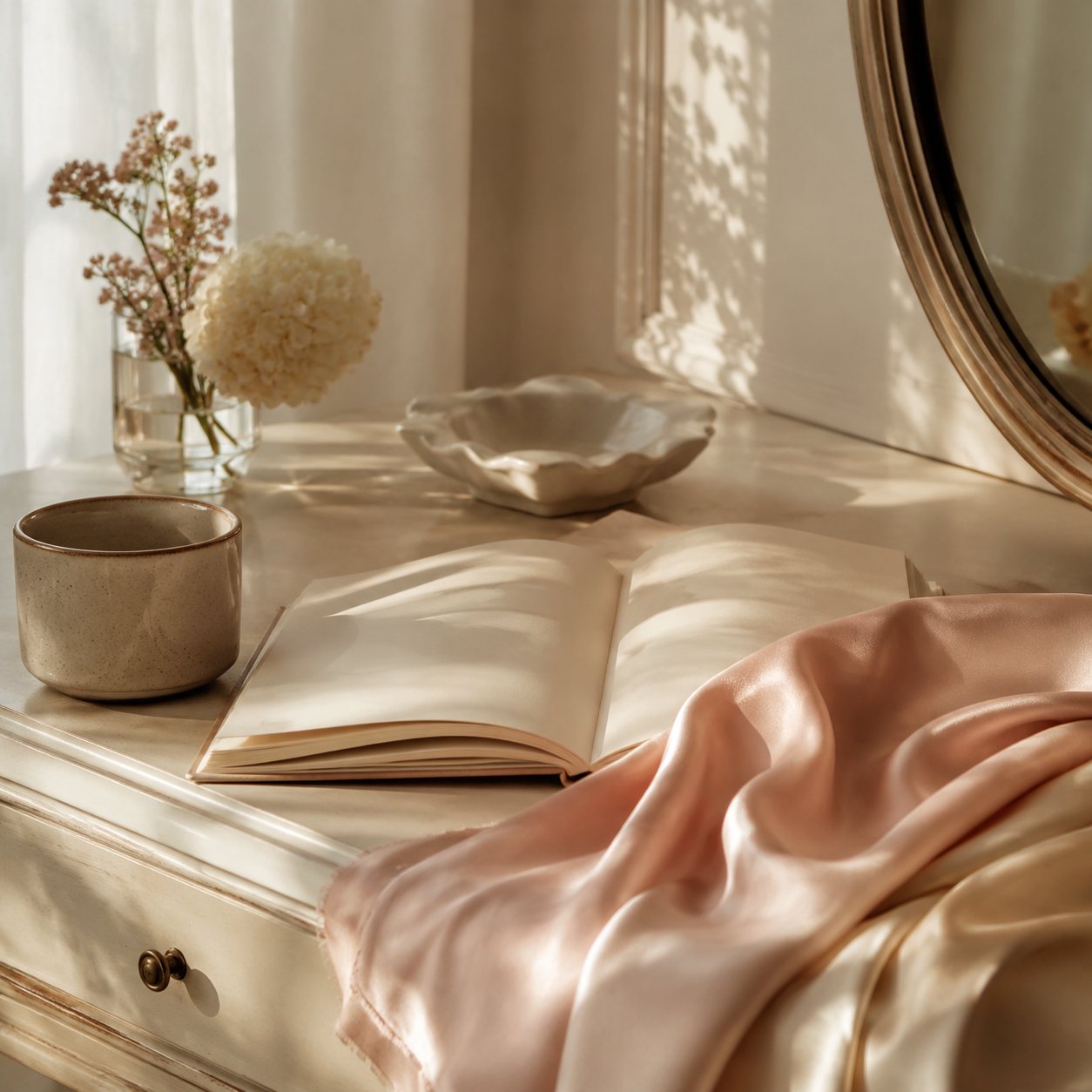 Blush silk material, a blank book and a ceramic cup in warm morning light