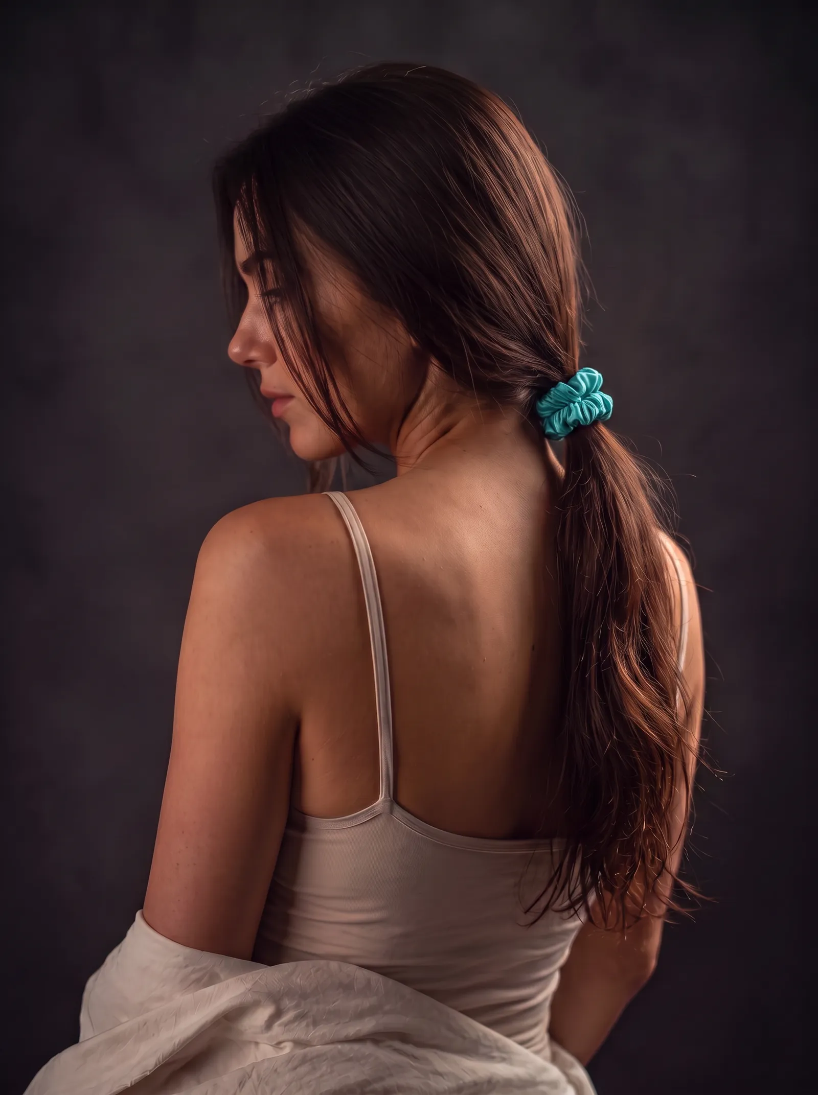 scrunchie-emerald-model Mulberry silk scrunchie - slim 2 cm | 22 momme