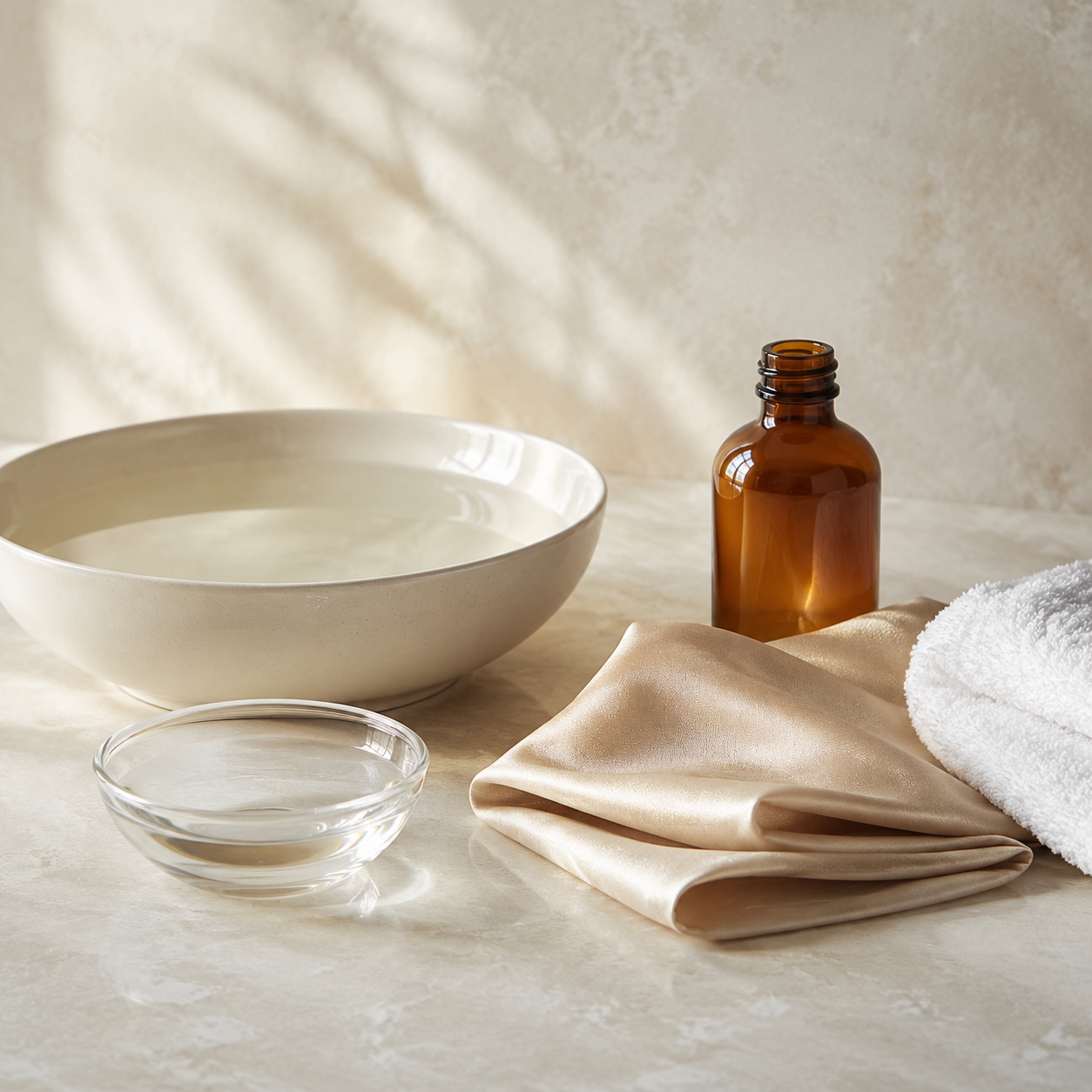 Silk care still life with water bowls, an unlabelled amber bottle and a soft towel
