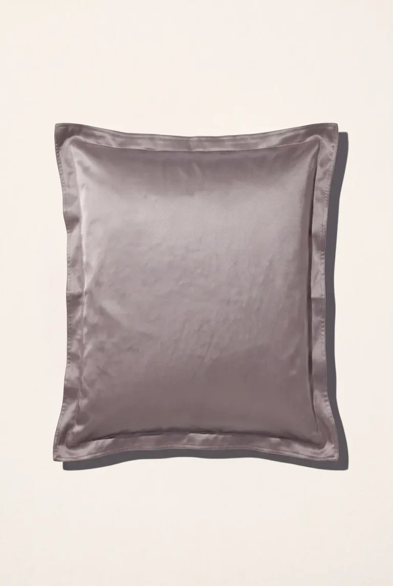 Taupe silk pillowcase shown flat against a white background