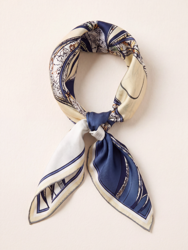 14 momme silk square scarf in navy, ivory and soft gold, 65 x 65 cm